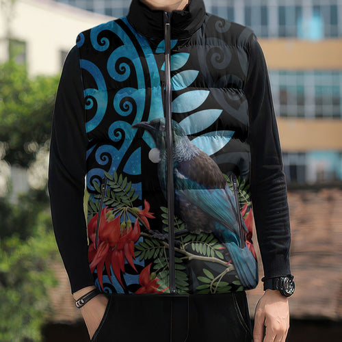 Tui Bird Kakabeak New Zealand Sleeveless Puffer Jacket Clianthus Galaxy Maori Koru Pattern