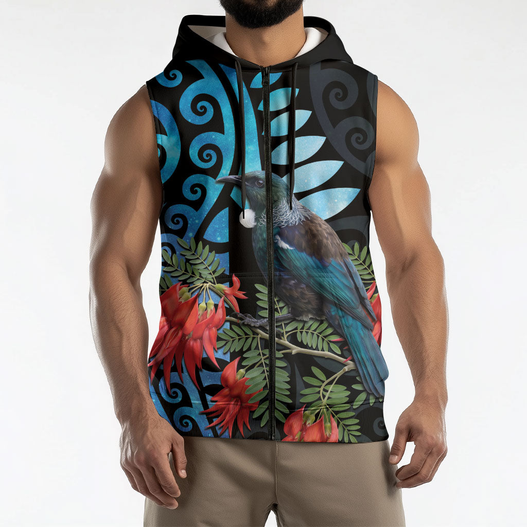 Tui Bird Kakabeak New Zealand Sleeveless Zip Hoodie Clianthus Galaxy Maori Koru Pattern