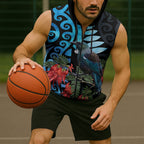 Tui Bird Kakabeak New Zealand Sleeveless Zip Hoodie Clianthus Galaxy Maori Koru Pattern