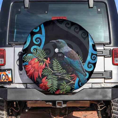 Tui Bird Kakabeak New Zealand Spare Tire Cover Clianthus Galaxy Maori Koru Pattern