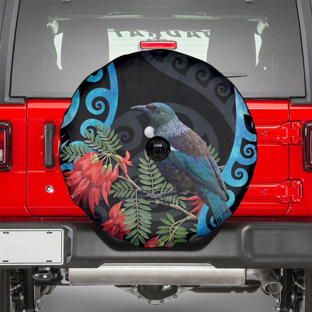 Tui Bird Kakabeak New Zealand Spare Tire Cover Clianthus Galaxy Maori Koru Pattern