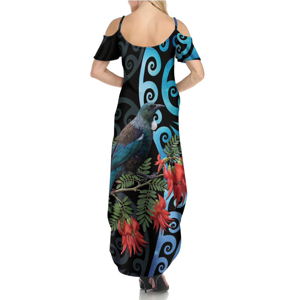 Tui Bird Kakabeak New Zealand Summer Maxi Dress Clianthus Galaxy Maori Koru Pattern