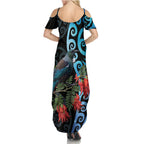 Tui Bird Kakabeak New Zealand Summer Maxi Dress Clianthus Galaxy Maori Koru Pattern
