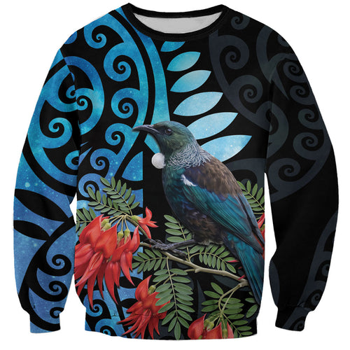 Tui Bird Kakabeak New Zealand Sweatshirt Clianthus Galaxy Maori Koru Pattern