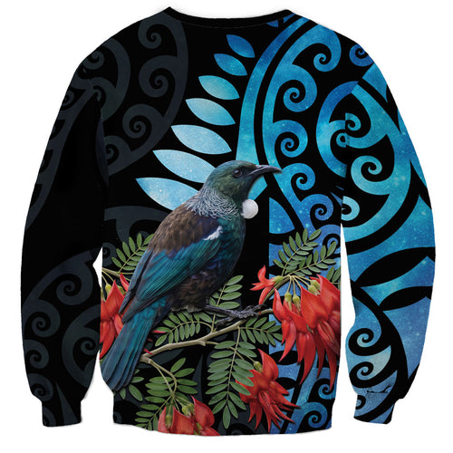 Tui Bird Kakabeak New Zealand Sweatshirt Clianthus Galaxy Maori Koru Pattern