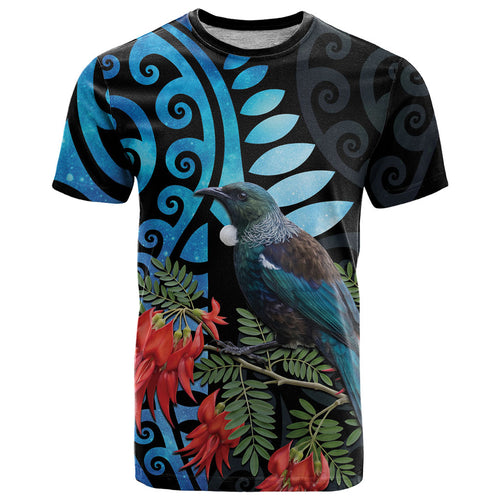 Tui Bird Kakabeak New Zealand T Shirt Clianthus Galaxy Maori Koru Pattern