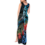 Tui Bird Kakabeak New Zealand Tank Maxi Dress Clianthus Galaxy Maori Koru Pattern