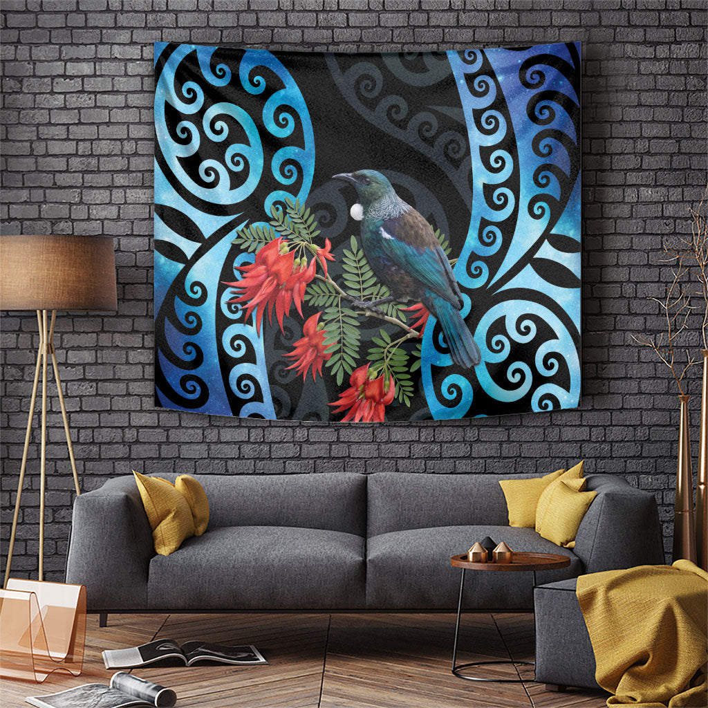 Tui Bird Kakabeak New Zealand Tapestry Clianthus Galaxy Maori Koru Pattern