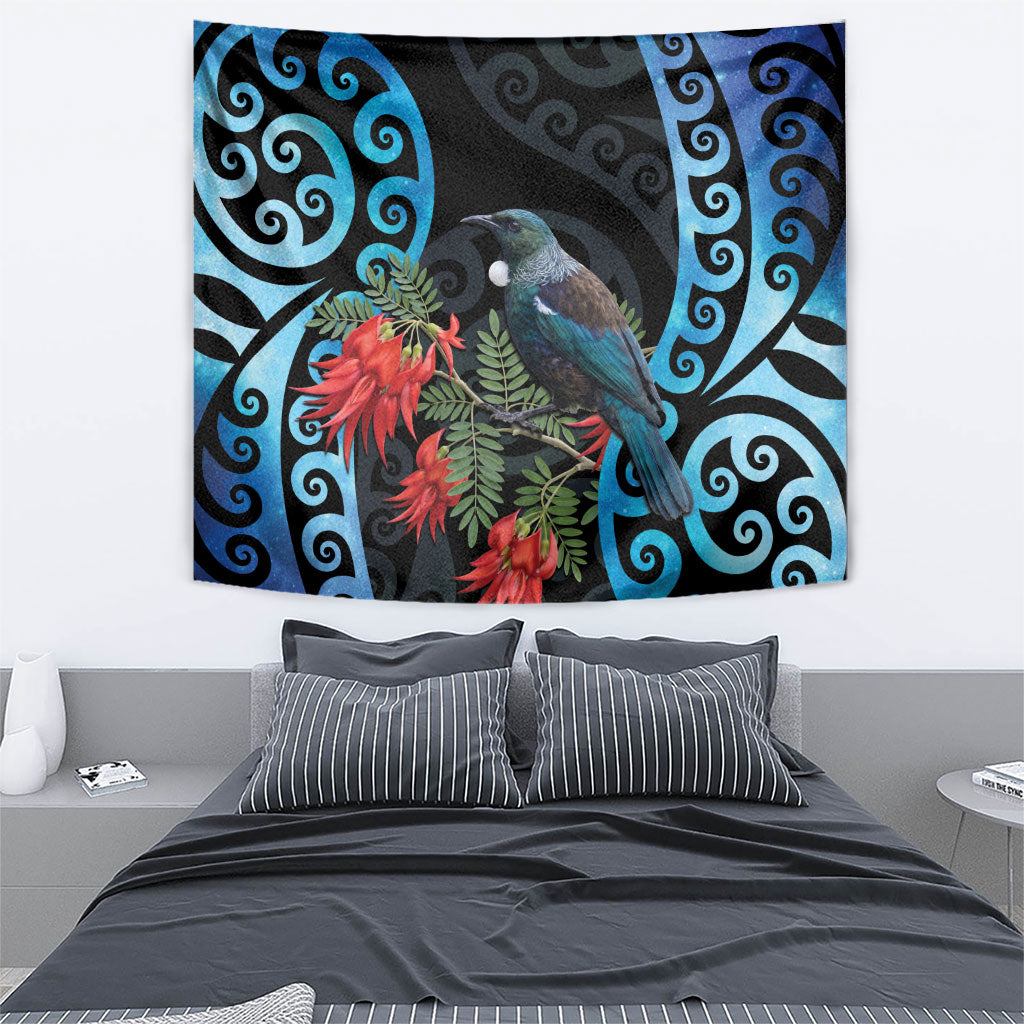 Tui Bird Kakabeak New Zealand Tapestry Clianthus Galaxy Maori Koru Pattern
