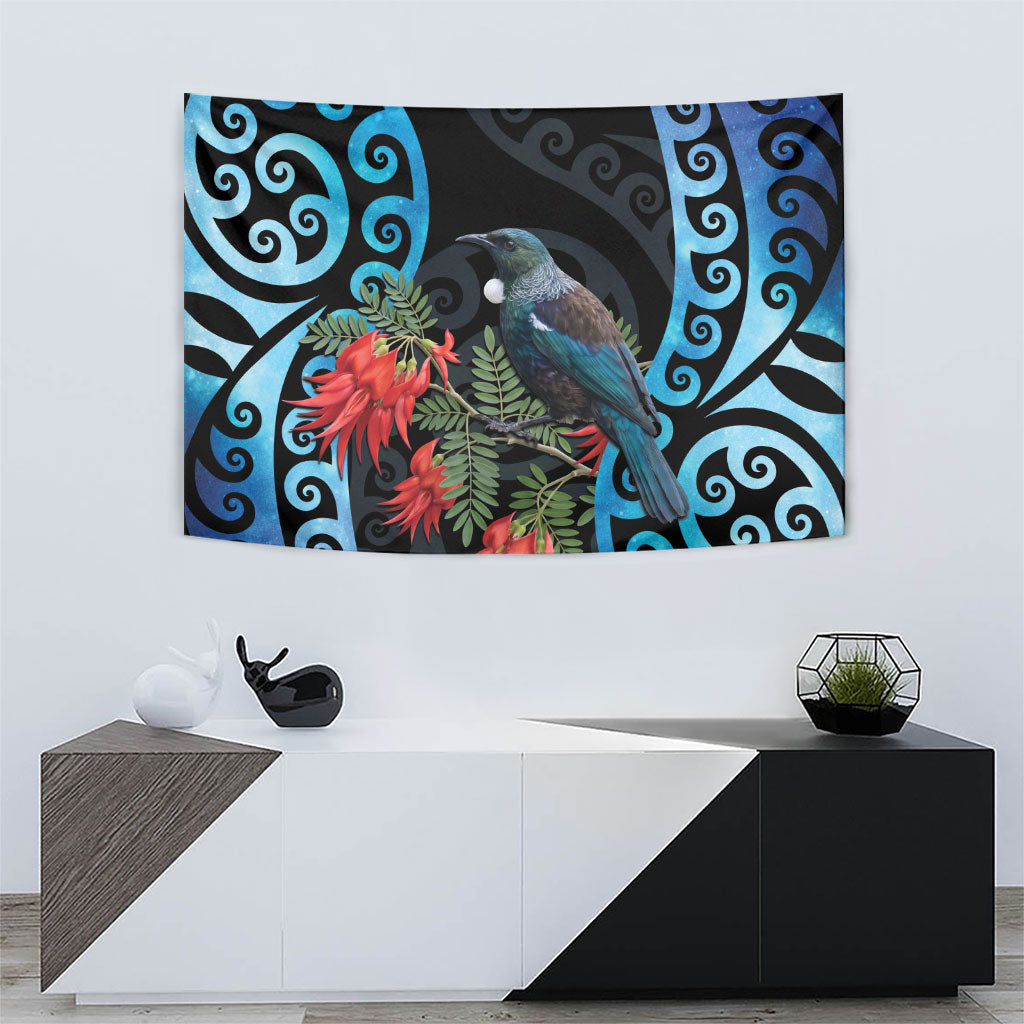 Tui Bird Kakabeak New Zealand Tapestry Clianthus Galaxy Maori Koru Pattern
