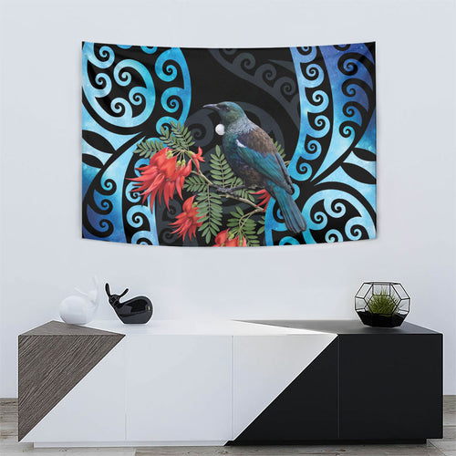 Tui Bird Kakabeak New Zealand Tapestry Clianthus Galaxy Maori Koru Pattern