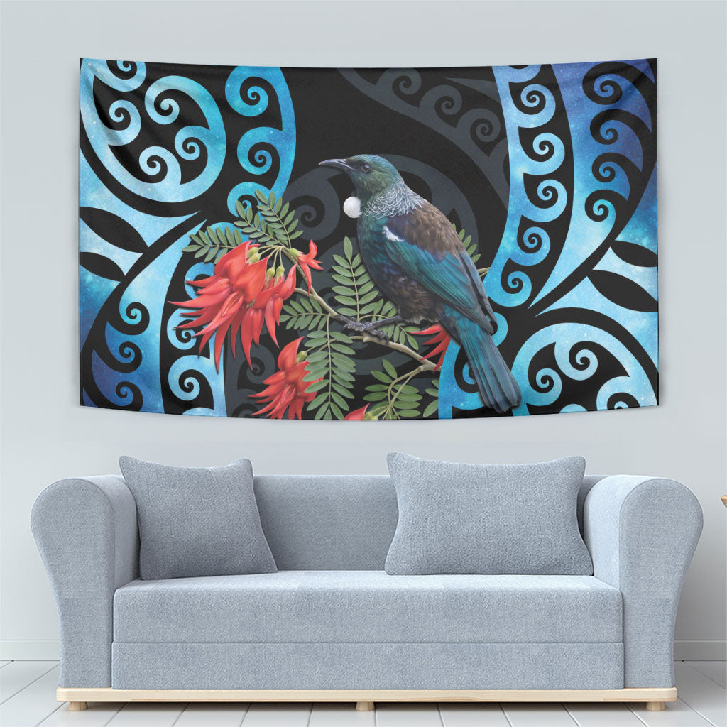 Tui Bird Kakabeak New Zealand Tapestry Clianthus Galaxy Maori Koru Pattern
