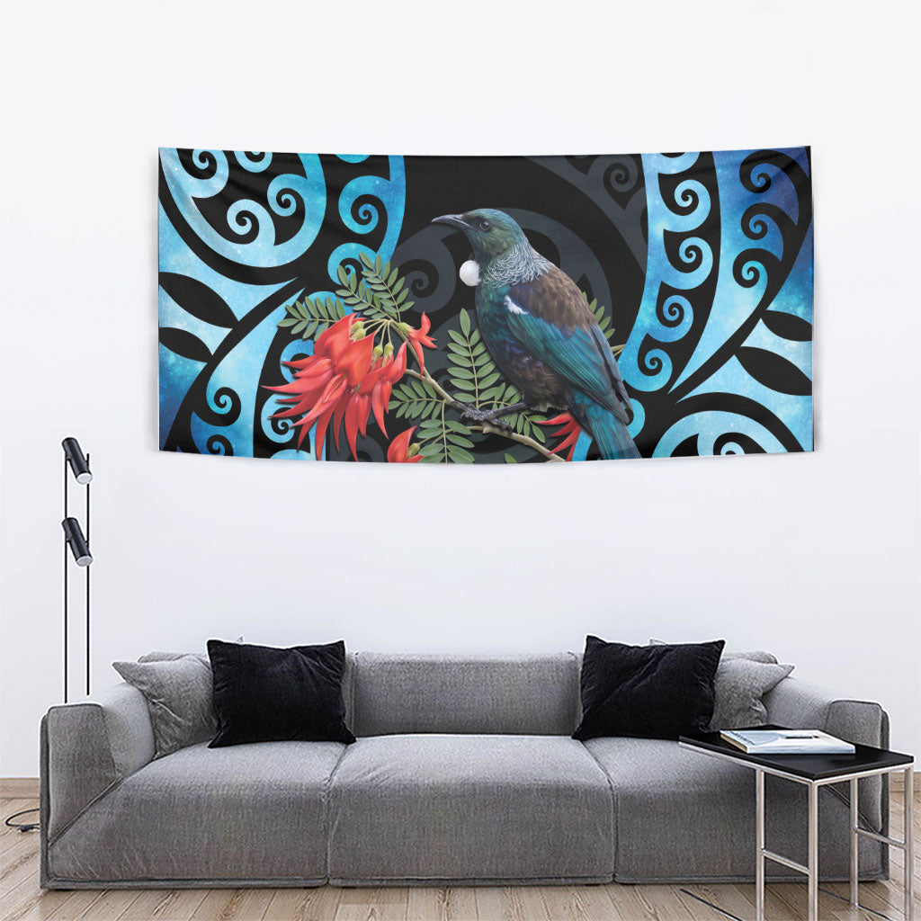 Tui Bird Kakabeak New Zealand Tapestry Clianthus Galaxy Maori Koru Pattern