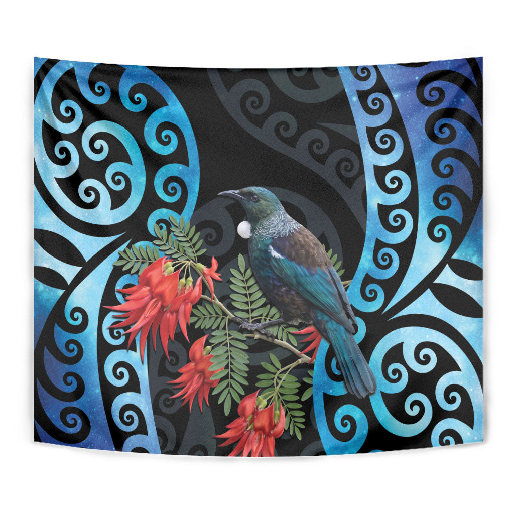 Tui Bird Kakabeak New Zealand Tapestry Clianthus Galaxy Maori Koru Pattern