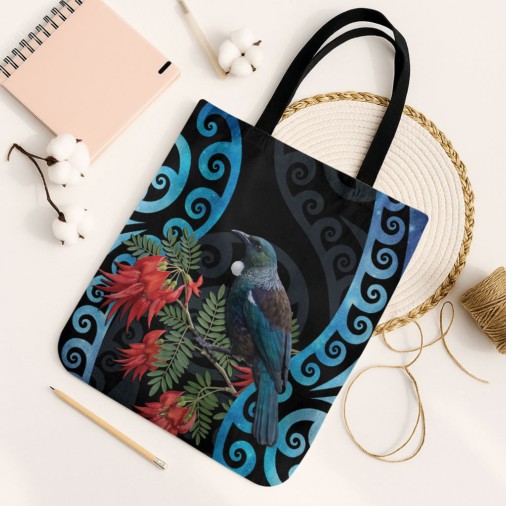 Tui Bird Kakabeak New Zealand Tote Bag Clianthus Galaxy Maori Koru Pattern