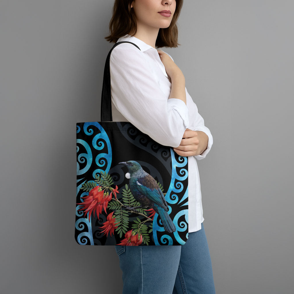 Tui Bird Kakabeak New Zealand Tote Bag Clianthus Galaxy Maori Koru Pattern
