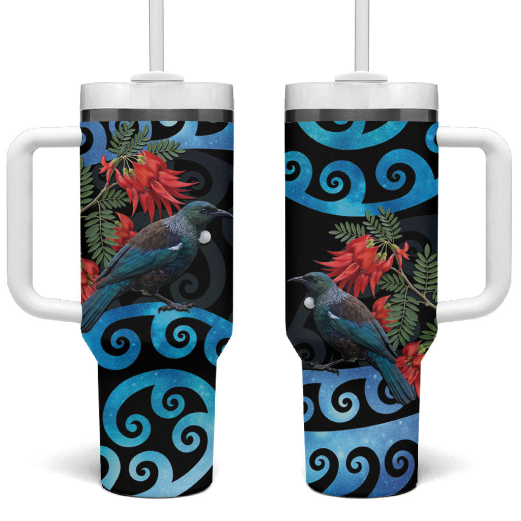 Tui Bird Kakabeak New Zealand Tumbler With Handle Clianthus Galaxy Maori Koru Pattern