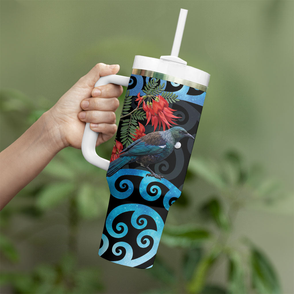 Tui Bird Kakabeak New Zealand Tumbler With Handle Clianthus Galaxy Maori Koru Pattern