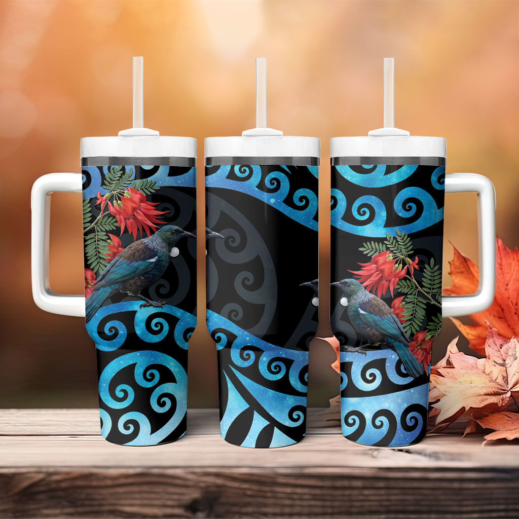 Tui Bird Kakabeak New Zealand Tumbler With Handle Clianthus Galaxy Maori Koru Pattern