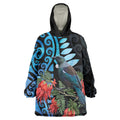 Tui Bird Kakabeak New Zealand Wearable Blanket Hoodie Clianthus Galaxy Maori Koru Pattern