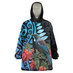 Tui Bird Kakabeak New Zealand Wearable Blanket Hoodie Clianthus Galaxy Maori Koru Pattern