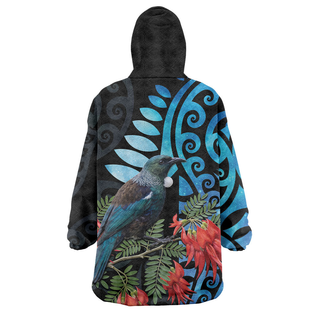 Tui Bird Kakabeak New Zealand Wearable Blanket Hoodie Clianthus Galaxy Maori Koru Pattern