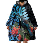 Tui Bird Kakabeak New Zealand Wearable Blanket Hoodie Clianthus Galaxy Maori Koru Pattern