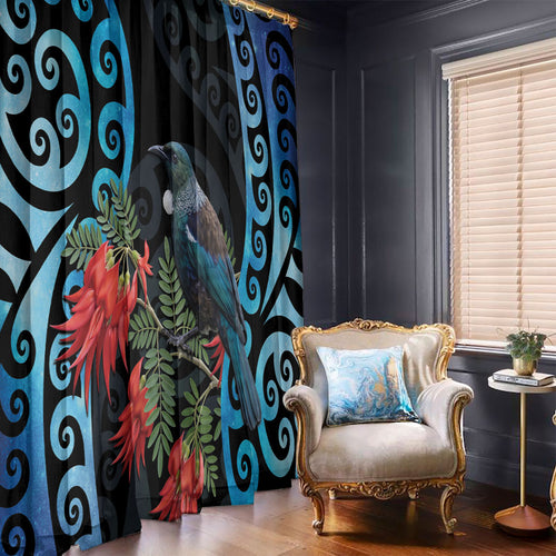 Tui Bird Kakabeak New Zealand Window Curtain Clianthus Galaxy Maori Koru Pattern