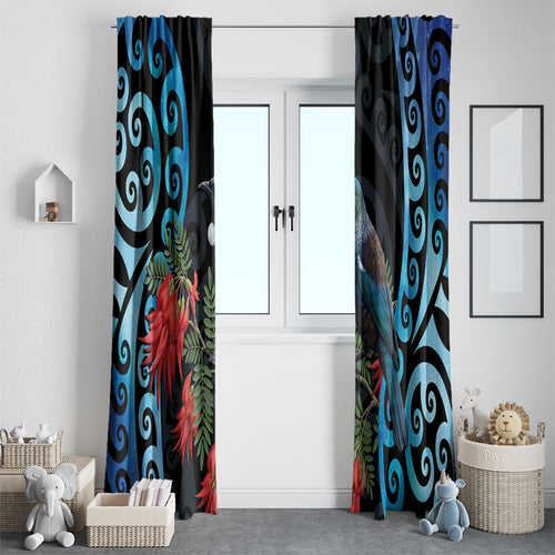 Tui Bird Kakabeak New Zealand Window Curtain Clianthus Galaxy Maori Koru Pattern