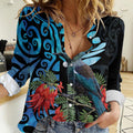 Tui Bird Kakabeak New Zealand Women Casual Shirt Clianthus Galaxy Maori Koru Pattern