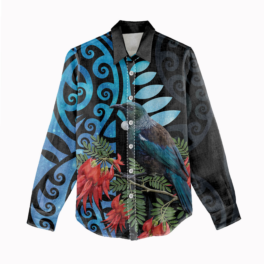 Tui Bird Kakabeak New Zealand Women Casual Shirt Clianthus Galaxy Maori Koru Pattern