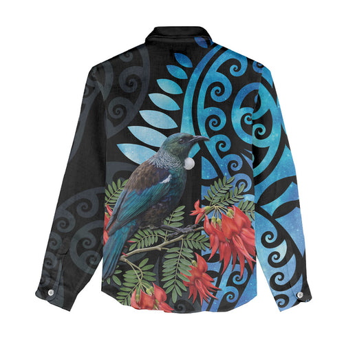 Tui Bird Kakabeak New Zealand Women Casual Shirt Clianthus Galaxy Maori Koru Pattern