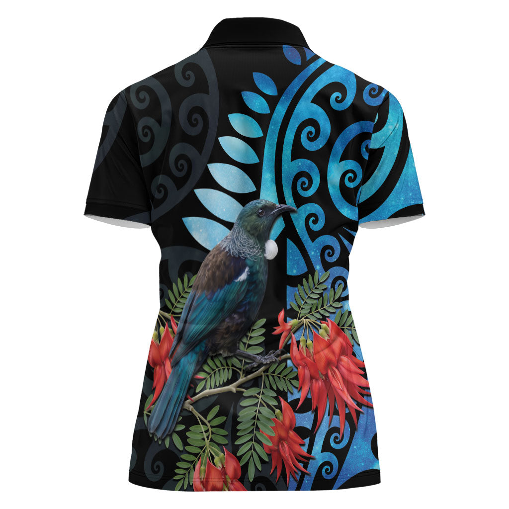 Tui Bird Kakabeak New Zealand Women Polo Shirt Clianthus Galaxy Maori Koru Pattern