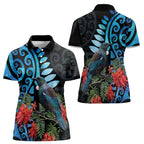 Tui Bird Kakabeak New Zealand Women Polo Shirt Clianthus Galaxy Maori Koru Pattern