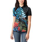 Tui Bird Kakabeak New Zealand Women Polo Shirt Clianthus Galaxy Maori Koru Pattern