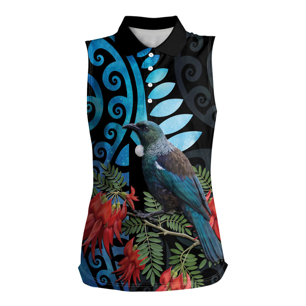 Tui Bird Kakabeak New Zealand Women Sleeveless Polo Shirt Clianthus Galaxy Maori Koru Pattern