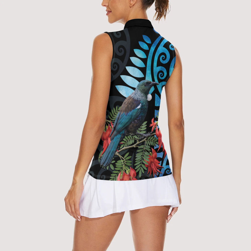 Tui Bird Kakabeak New Zealand Women Sleeveless Polo Shirt Clianthus Galaxy Maori Koru Pattern