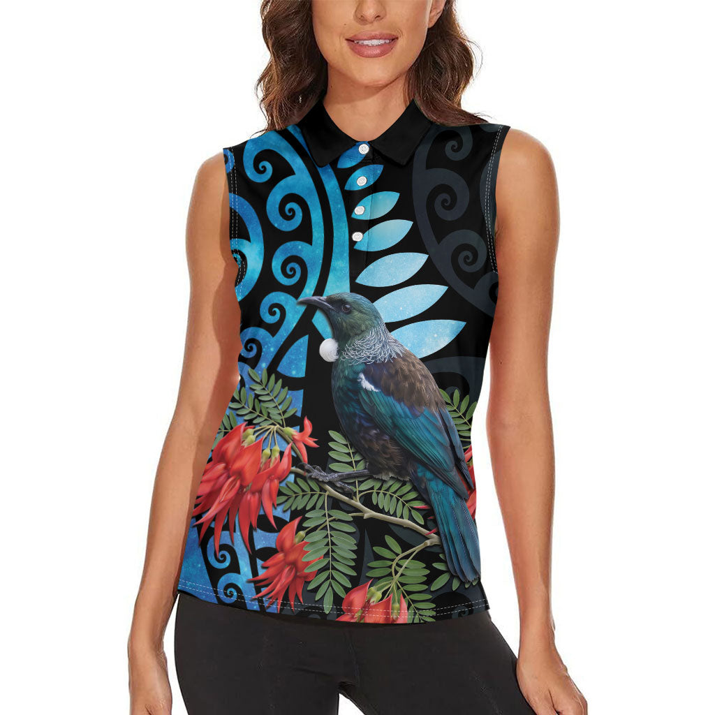 Tui Bird Kakabeak New Zealand Women Sleeveless Polo Shirt Clianthus Galaxy Maori Koru Pattern