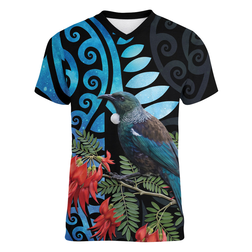 Tui Bird Kakabeak New Zealand Women V-Neck T-Shirt Clianthus Galaxy Maori Koru Pattern
