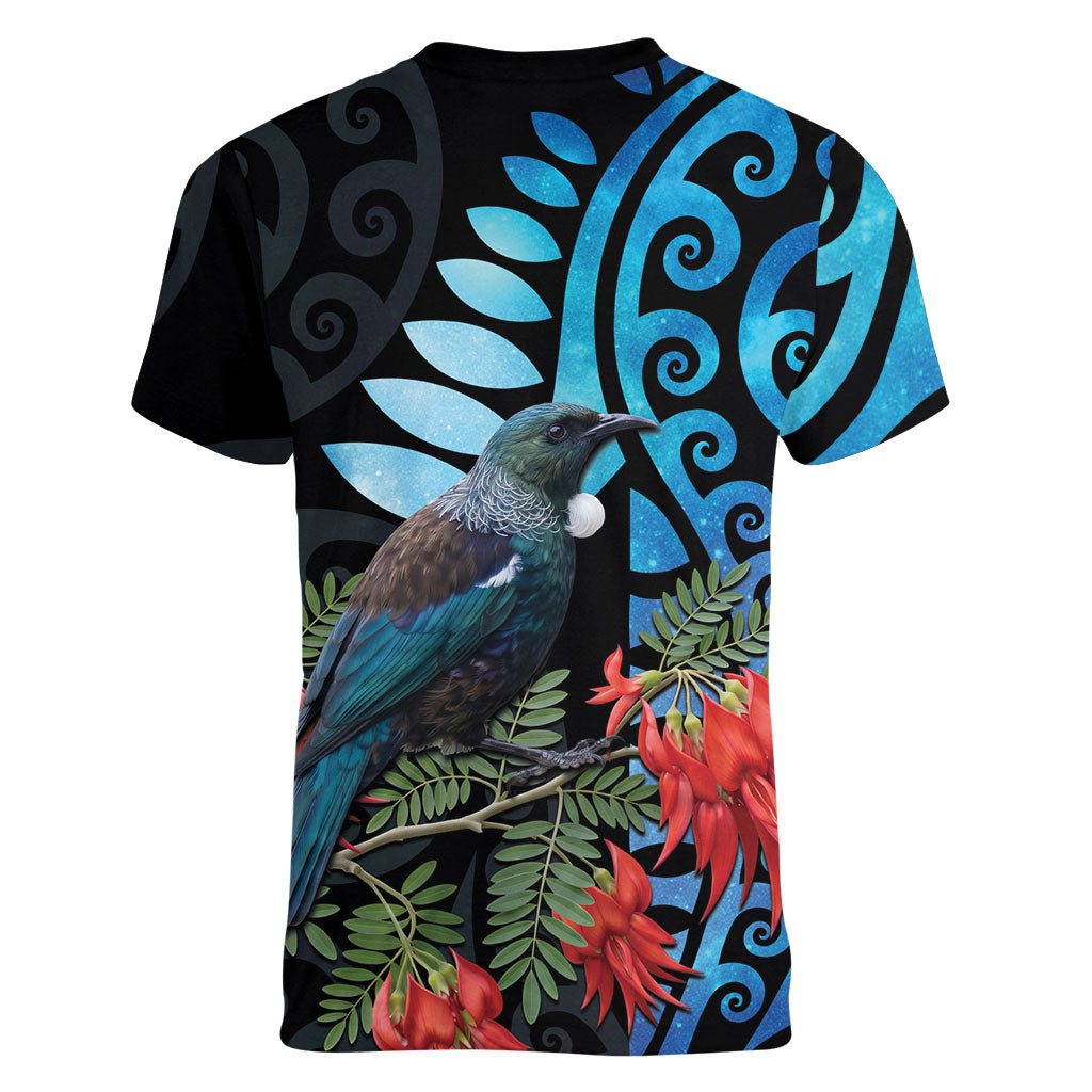 Tui Bird Kakabeak New Zealand Women V-Neck T-Shirt Clianthus Galaxy Maori Koru Pattern