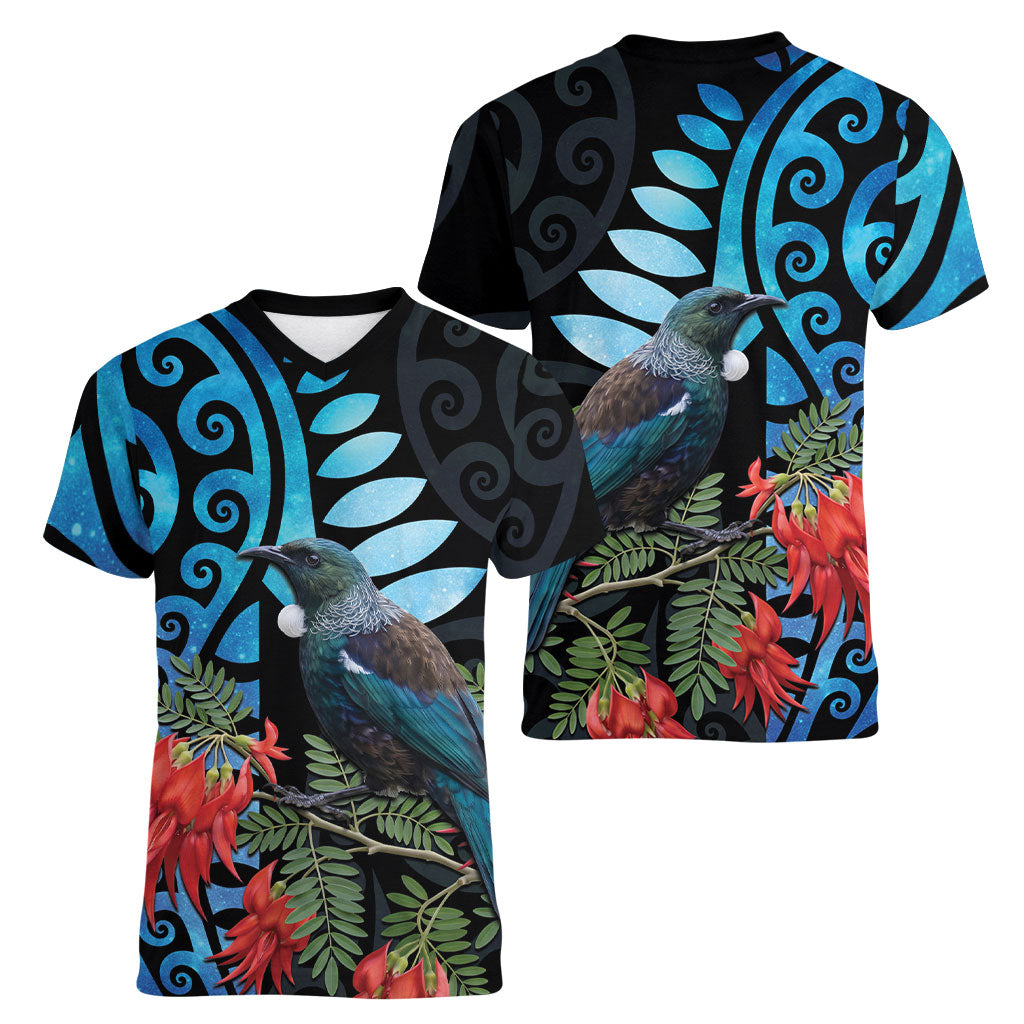 Tui Bird Kakabeak New Zealand Women V-Neck T-Shirt Clianthus Galaxy Maori Koru Pattern