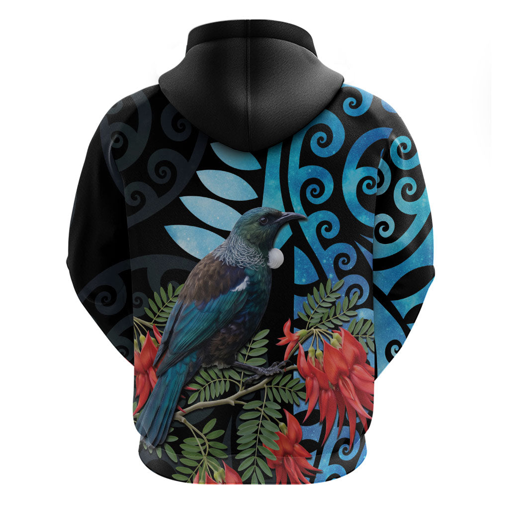 Tui Bird Kakabeak New Zealand Zip Hoodie Clianthus Galaxy Maori Koru Pattern