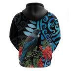 Tui Bird Kakabeak New Zealand Zip Hoodie Clianthus Galaxy Maori Koru Pattern