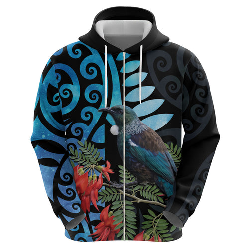 Tui Bird Kakabeak New Zealand Zip Hoodie Clianthus Galaxy Maori Koru Pattern