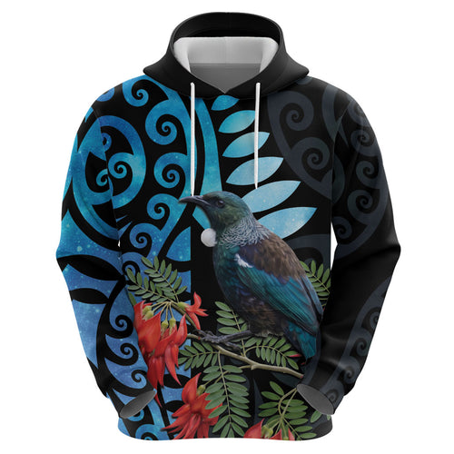 Tui Bird Kakabeak New Zealand Zip Hoodie Clianthus Galaxy Maori Koru Pattern