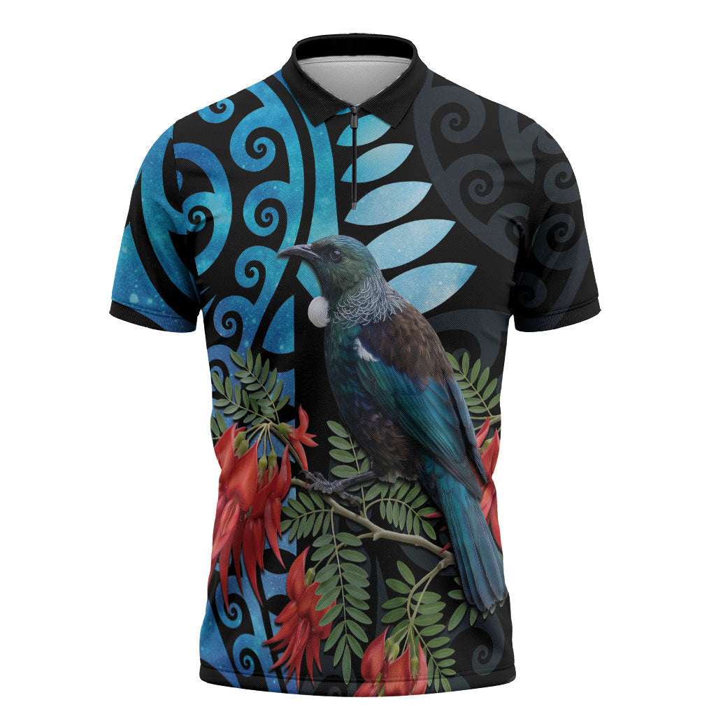 Tui Bird Kakabeak New Zealand Zipper Polo Shirt Clianthus Galaxy Maori Koru Pattern
