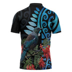 Tui Bird Kakabeak New Zealand Zipper Polo Shirt Clianthus Galaxy Maori Koru Pattern