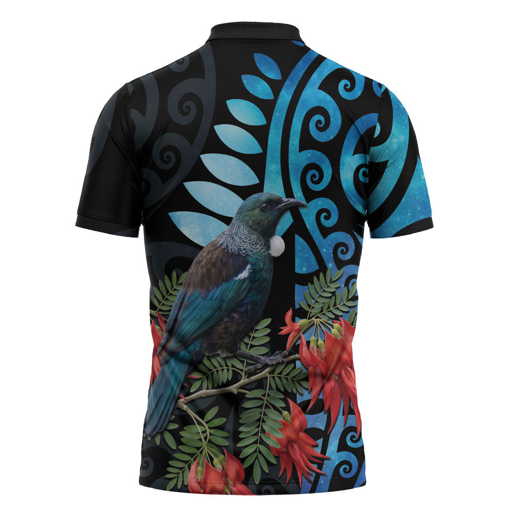 Tui Bird Kakabeak New Zealand Zipper Polo Shirt Clianthus Galaxy Maori Koru Pattern