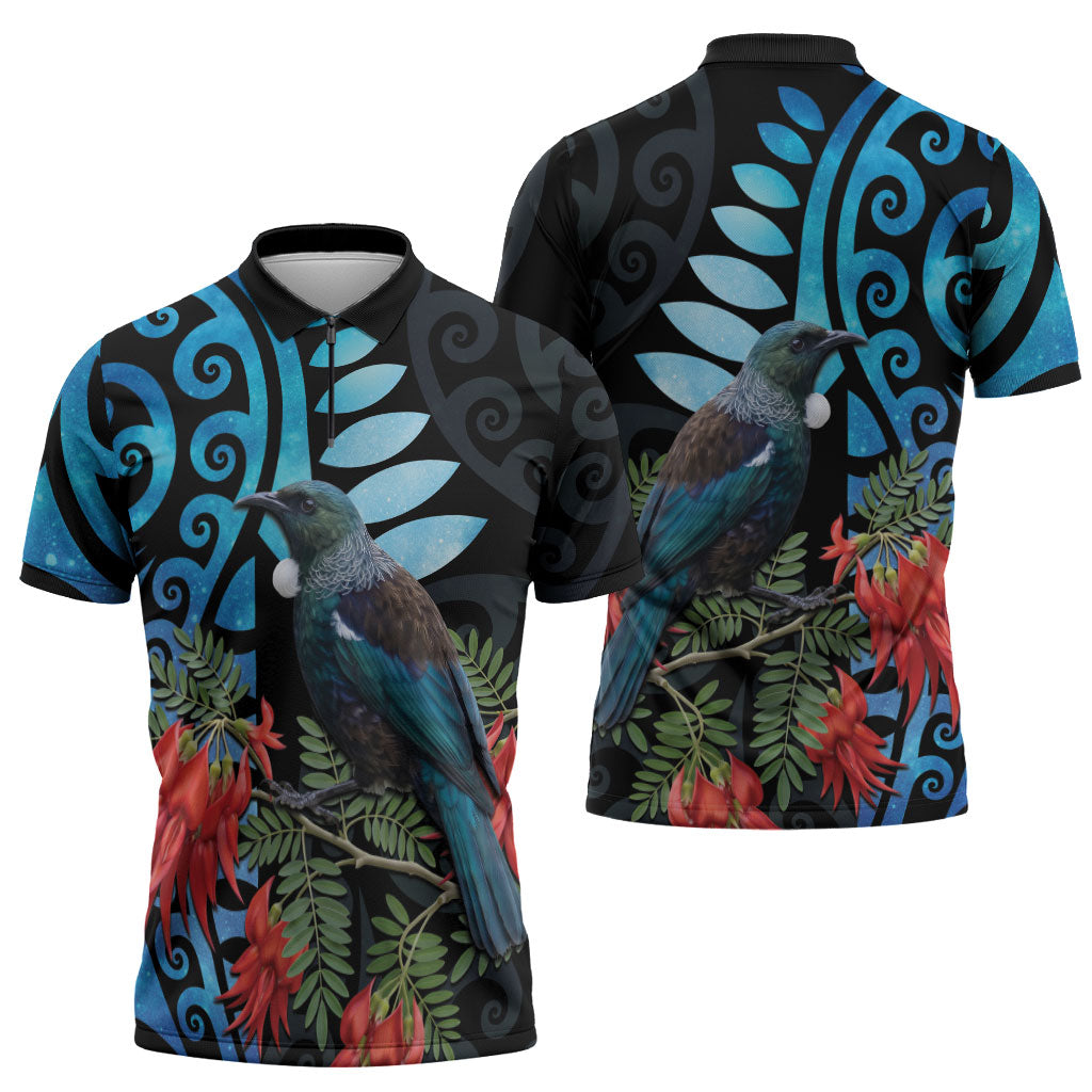 Tui Bird Kakabeak New Zealand Zipper Polo Shirt Clianthus Galaxy Maori Koru Pattern