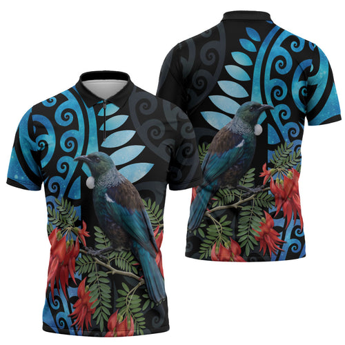 Tui Bird Kakabeak New Zealand Zipper Polo Shirt Clianthus Galaxy Maori Koru Pattern